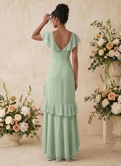 Sheath/Column V-Neck Sleeveless Asymmetrical Chiffon Bridesmaid Dresses With Cascading Ruffles