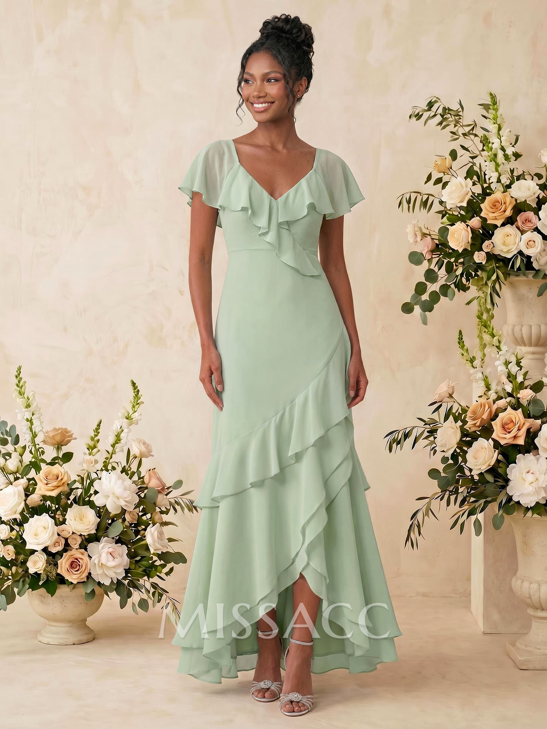 Sheath/Column V-Neck Sleeveless Asymmetrical Chiffon Bridesmaid Dresses With Cascading Ruffles