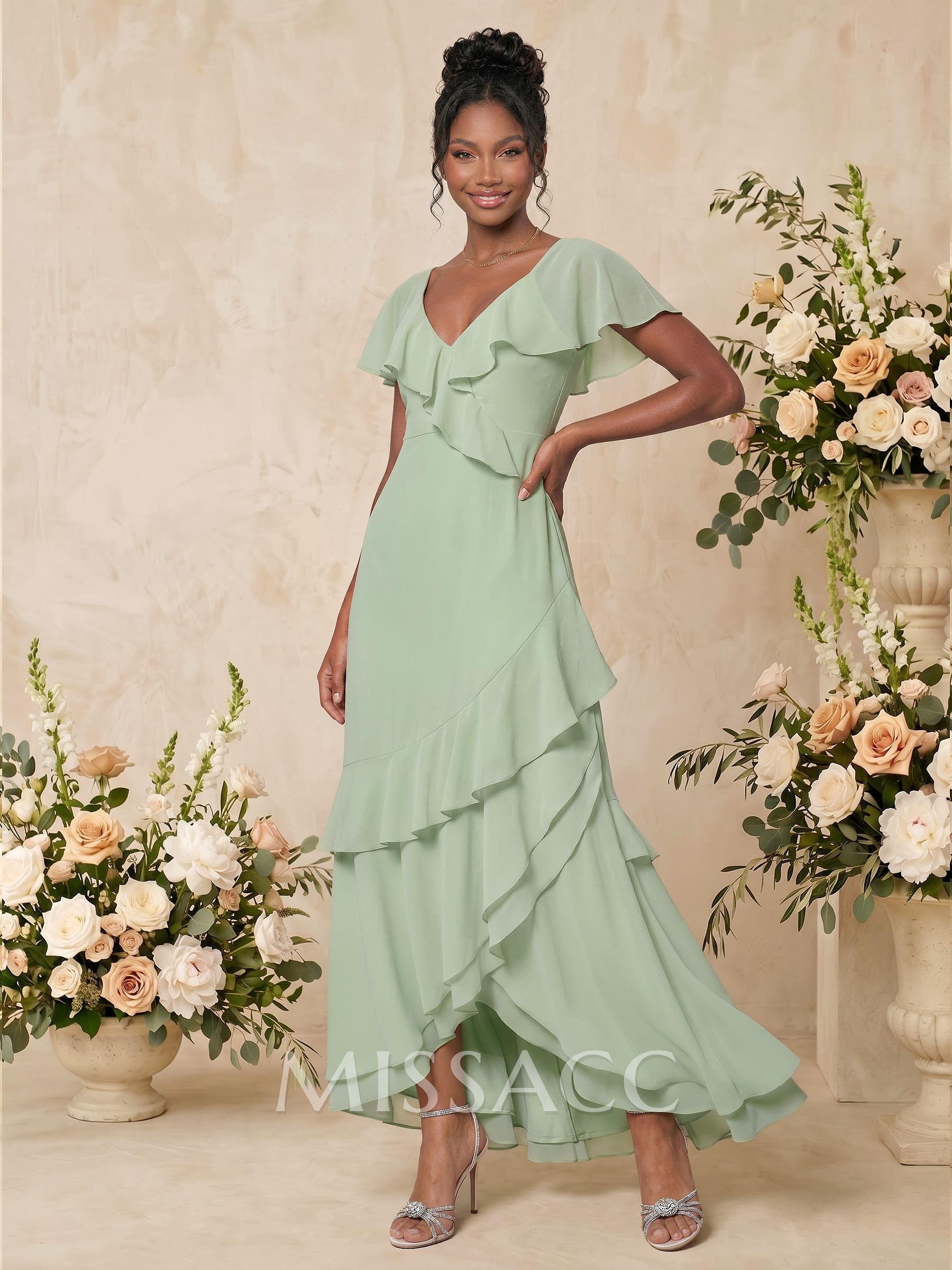 Sheath/Column V-Neck Sleeveless Asymmetrical Chiffon Bridesmaid Dresses With Cascading Ruffles