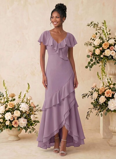 Sheath/Column V-Neck Sleeveless Asymmetrical Chiffon Bridesmaid Dresses With Cascading Ruffles