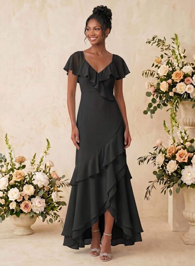 Sheath/Column V-Neck Sleeveless Asymmetrical Chiffon Bridesmaid Dresses With Cascading Ruffles