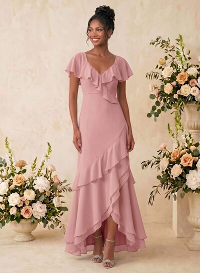 Sheath/Column V-Neck Sleeveless Asymmetrical Chiffon Bridesmaid Dresses With Cascading Ruffles