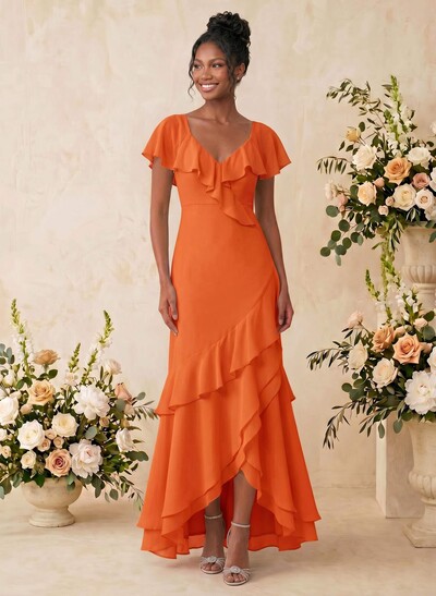 Sheath/Column V-Neck Sleeveless Asymmetrical Chiffon Bridesmaid Dresses With Cascading Ruffles