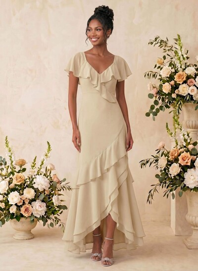 Sheath/Column V-Neck Sleeveless Asymmetrical Chiffon Bridesmaid Dresses With Cascading Ruffles