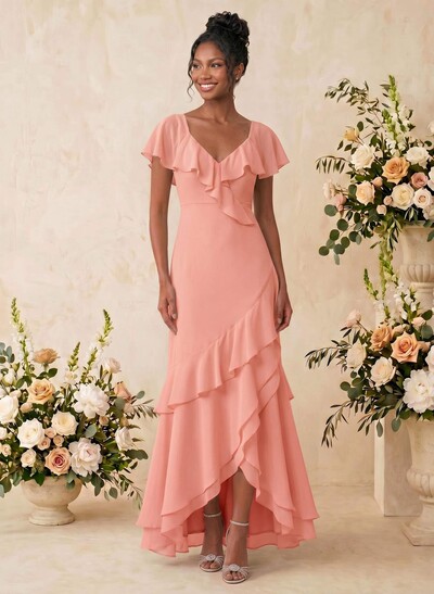 Sheath/Column V-Neck Sleeveless Asymmetrical Chiffon Bridesmaid Dresses With Cascading Ruffles