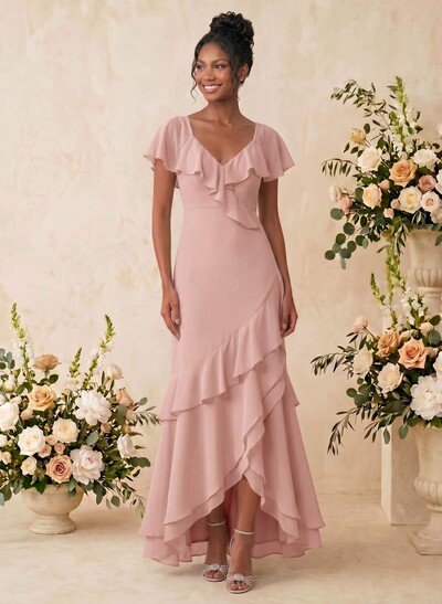 Sheath/Column V-Neck Sleeveless Asymmetrical Chiffon Bridesmaid Dresses With Cascading Ruffles