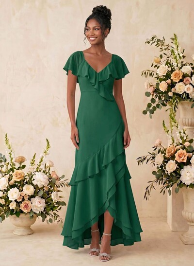 Sheath/Column V-Neck Sleeveless Asymmetrical Chiffon Bridesmaid Dresses With Cascading Ruffles