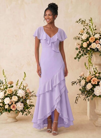 Sheath/Column V-Neck Sleeveless Asymmetrical Chiffon Bridesmaid Dresses With Cascading Ruffles