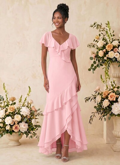 Sheath/Column V-Neck Sleeveless Asymmetrical Chiffon Bridesmaid Dresses With Cascading Ruffles