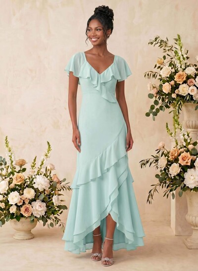 Sheath/Column V-Neck Sleeveless Asymmetrical Chiffon Bridesmaid Dresses With Cascading Ruffles