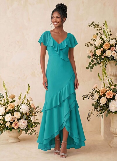 Sheath/Column V-Neck Sleeveless Asymmetrical Chiffon Bridesmaid Dresses With Cascading Ruffles