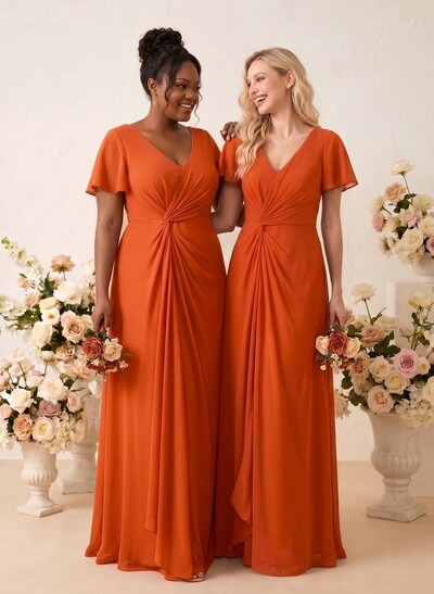 A-Line V-Neck Short Sleeves Floor-Length Chiffon Bridesmaid Dresses With Sweeping Side Drape