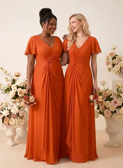 A-Line V-Neck Short Sleeves Floor-Length Chiffon Bridesmaid Dresses With Sweeping Side Drape