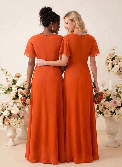 A-Line V-Neck Short Sleeves Floor-Length Chiffon Bridesmaid Dresses With Sweeping Side Drape
