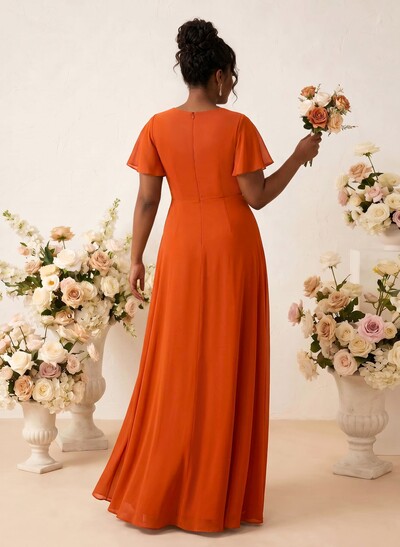 A-Line V-Neck Short Sleeves Floor-Length Chiffon Bridesmaid Dresses With Sweeping Side Drape