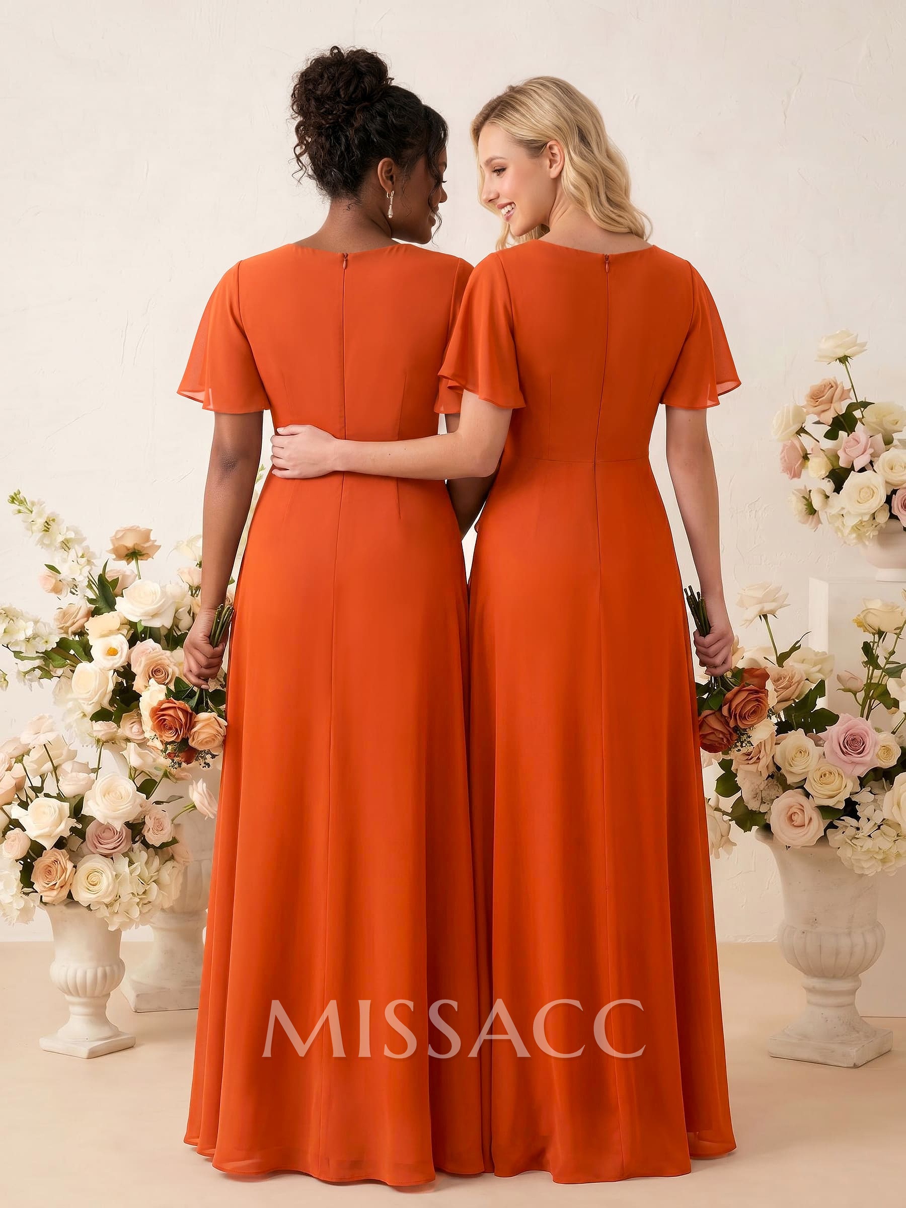 A-Line V-Neck Short Sleeves Floor-Length Chiffon Bridesmaid Dresses With Sweeping Side Drape