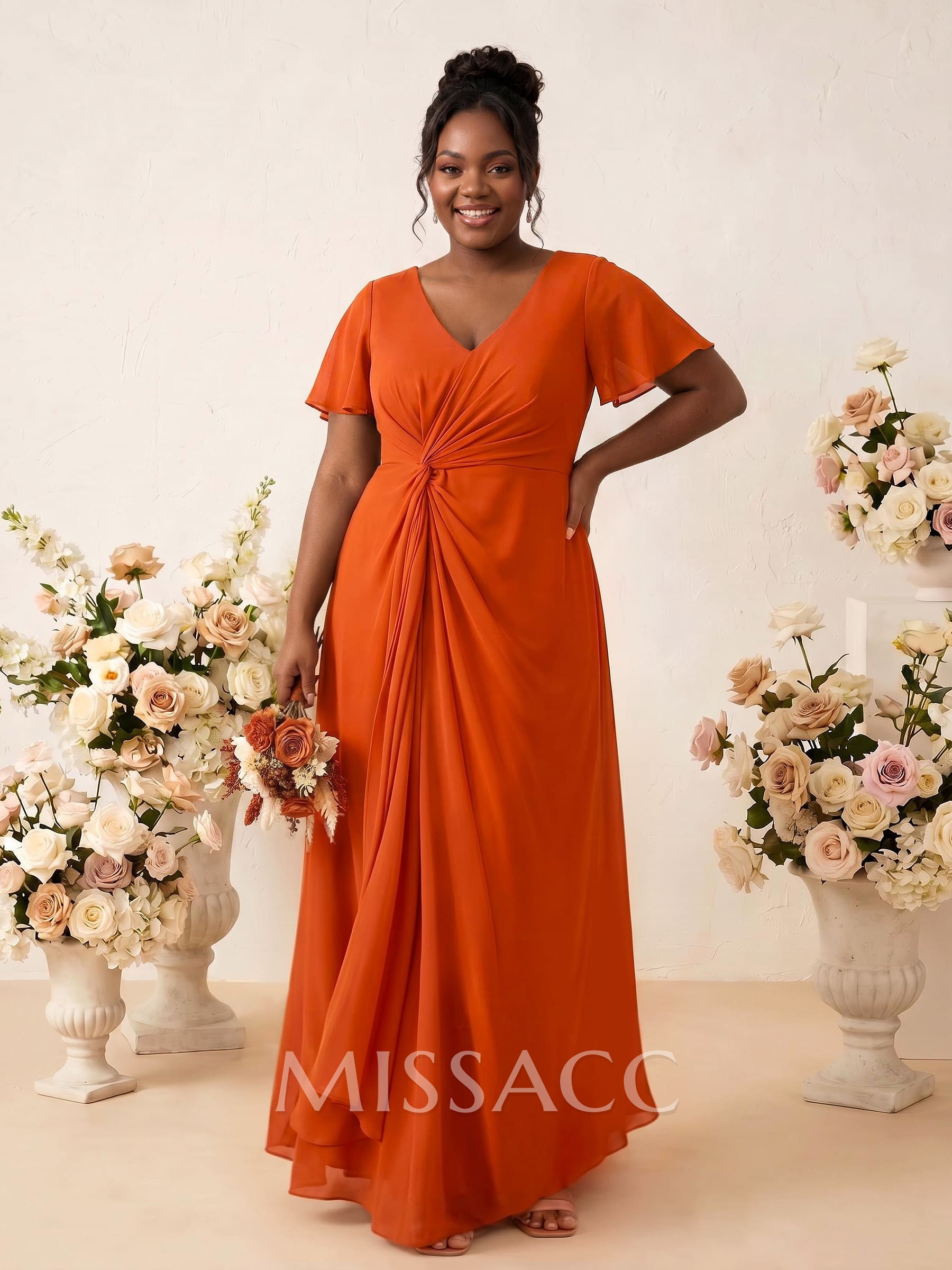 A-Line V-Neck Short Sleeves Floor-Length Chiffon Bridesmaid Dresses With Sweeping Side Drape