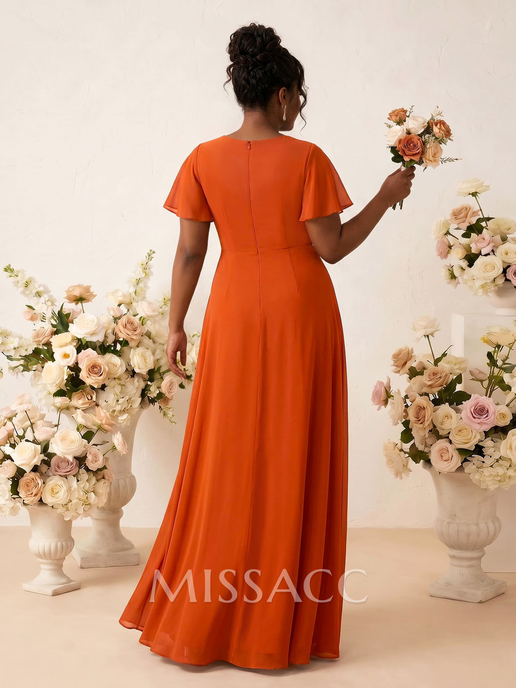 A-Line V-Neck Short Sleeves Floor-Length Chiffon Bridesmaid Dresses With Sweeping Side Drape