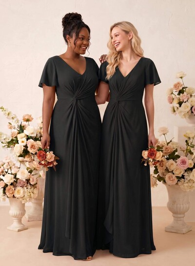 A-Line V-Neck Short Sleeves Floor-Length Chiffon Bridesmaid Dresses With Sweeping Side Drape