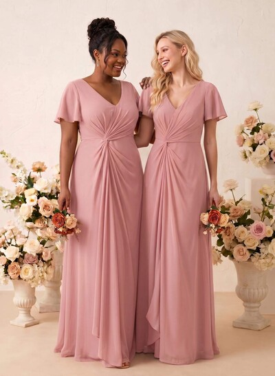 A-Line V-Neck Short Sleeves Floor-Length Chiffon Bridesmaid Dresses With Sweeping Side Drape