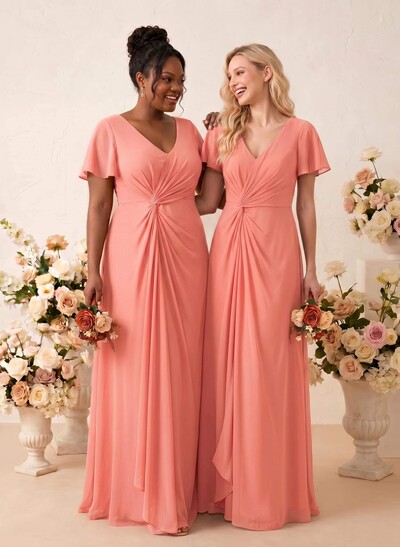 A-Line V-Neck Short Sleeves Floor-Length Chiffon Bridesmaid Dresses With Sweeping Side Drape
