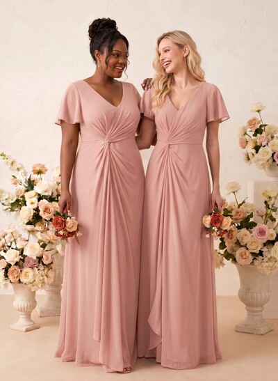A-Line V-Neck Short Sleeves Floor-Length Chiffon Bridesmaid Dresses With Sweeping Side Drape