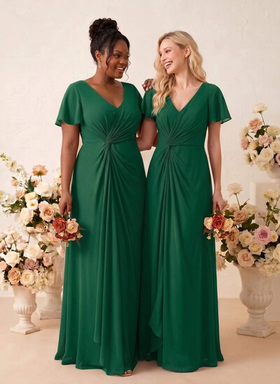A-Line V-Neck Short Sleeves Floor-Length Chiffon Bridesmaid Dresses With Sweeping Side Drape