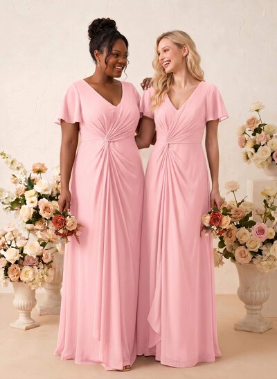A-Line V-Neck Short Sleeves Floor-Length Chiffon Bridesmaid Dresses With Sweeping Side Drape
