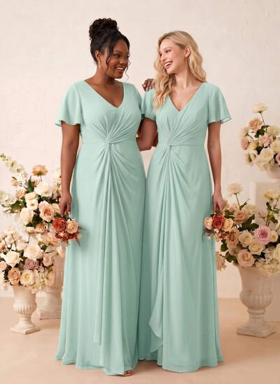 A-Line V-Neck Short Sleeves Floor-Length Chiffon Bridesmaid Dresses With Sweeping Side Drape