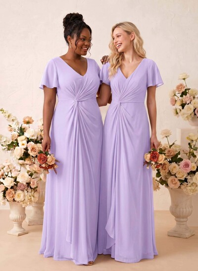 A-Line V-Neck Short Sleeves Floor-Length Chiffon Bridesmaid Dresses With Sweeping Side Drape