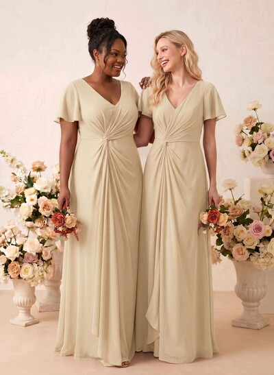 A-Line V-Neck Short Sleeves Floor-Length Chiffon Bridesmaid Dresses With Sweeping Side Drape