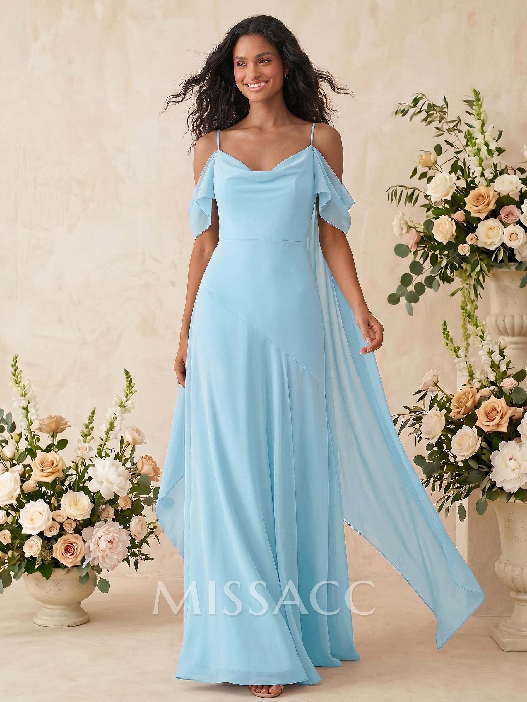 Sheath/Column Cowl Neck Sleeveless Floor-Length Chiffon Bridesmaid Dresses