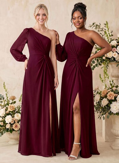 Sheath/Column One-Shoulder Long Sleeves Floor-Length Chiffon Bridesmaid Dresses With Split Front