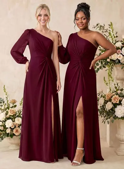 Sheath/Column One-Shoulder Long Sleeves Floor-Length Chiffon Bridesmaid Dresses With Split Front