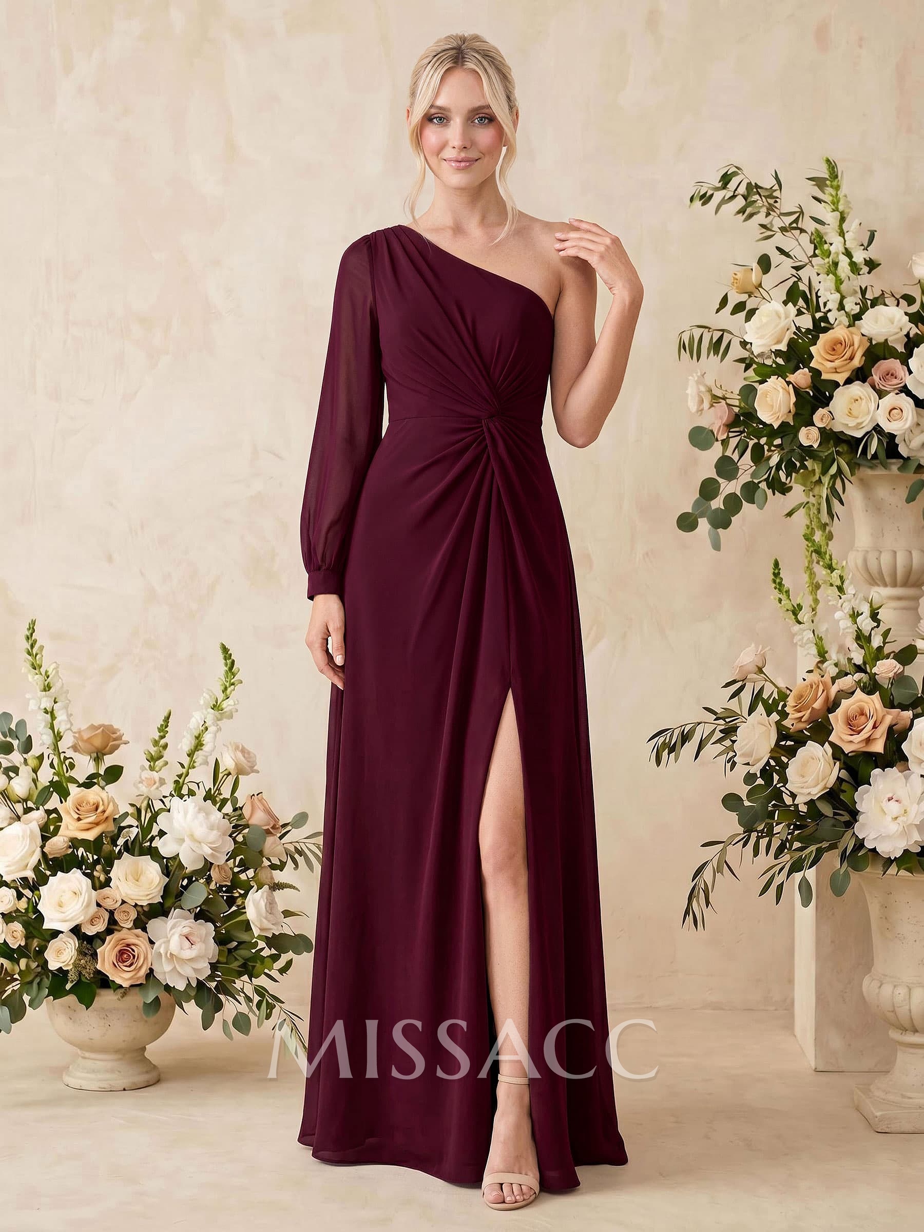 Sheath/Column One-Shoulder Long Sleeves Floor-Length Chiffon Bridesmaid Dresses With Split Front