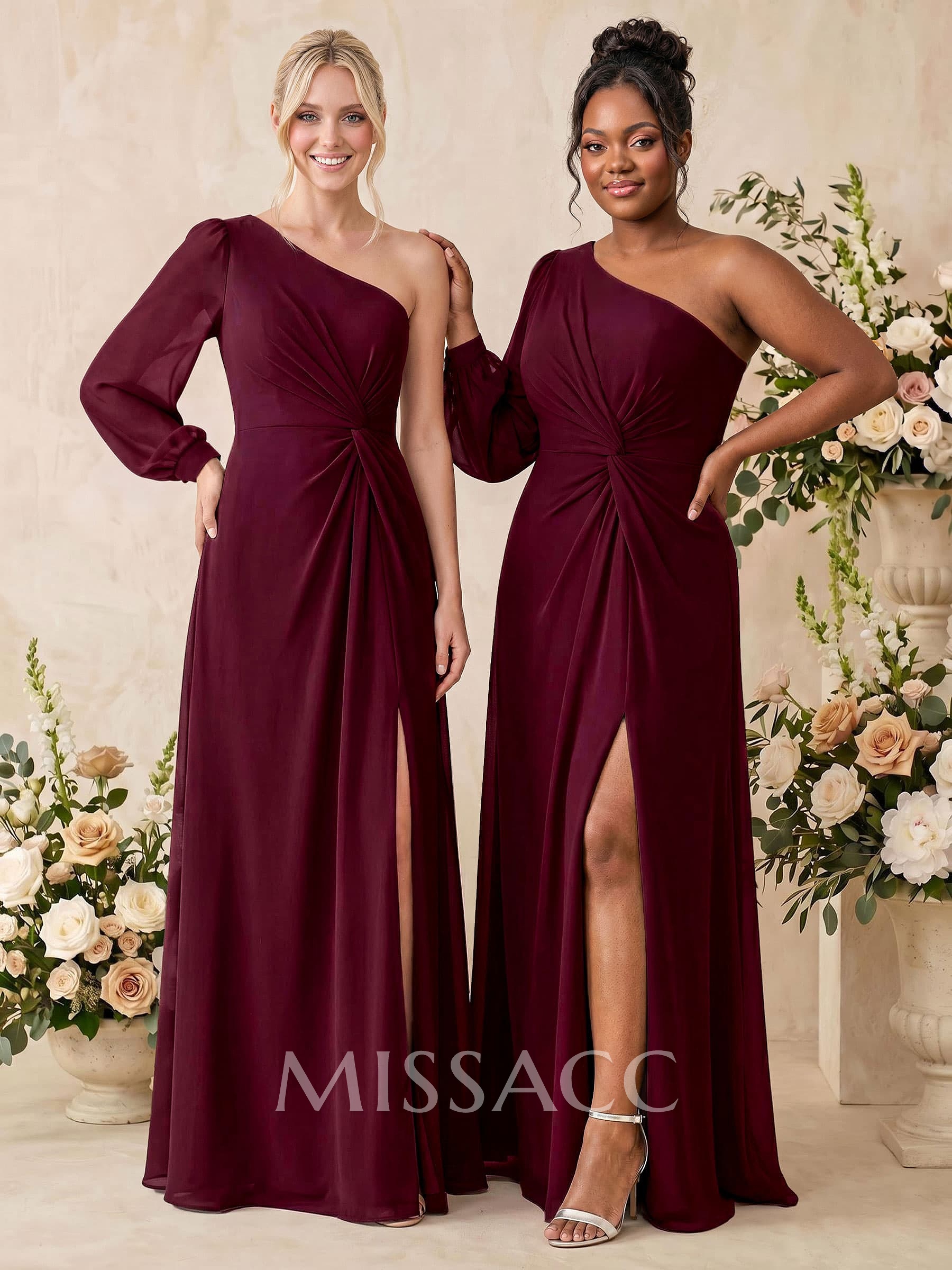 Sheath/Column One-Shoulder Long Sleeves Floor-Length Chiffon Bridesmaid Dresses With Split Front