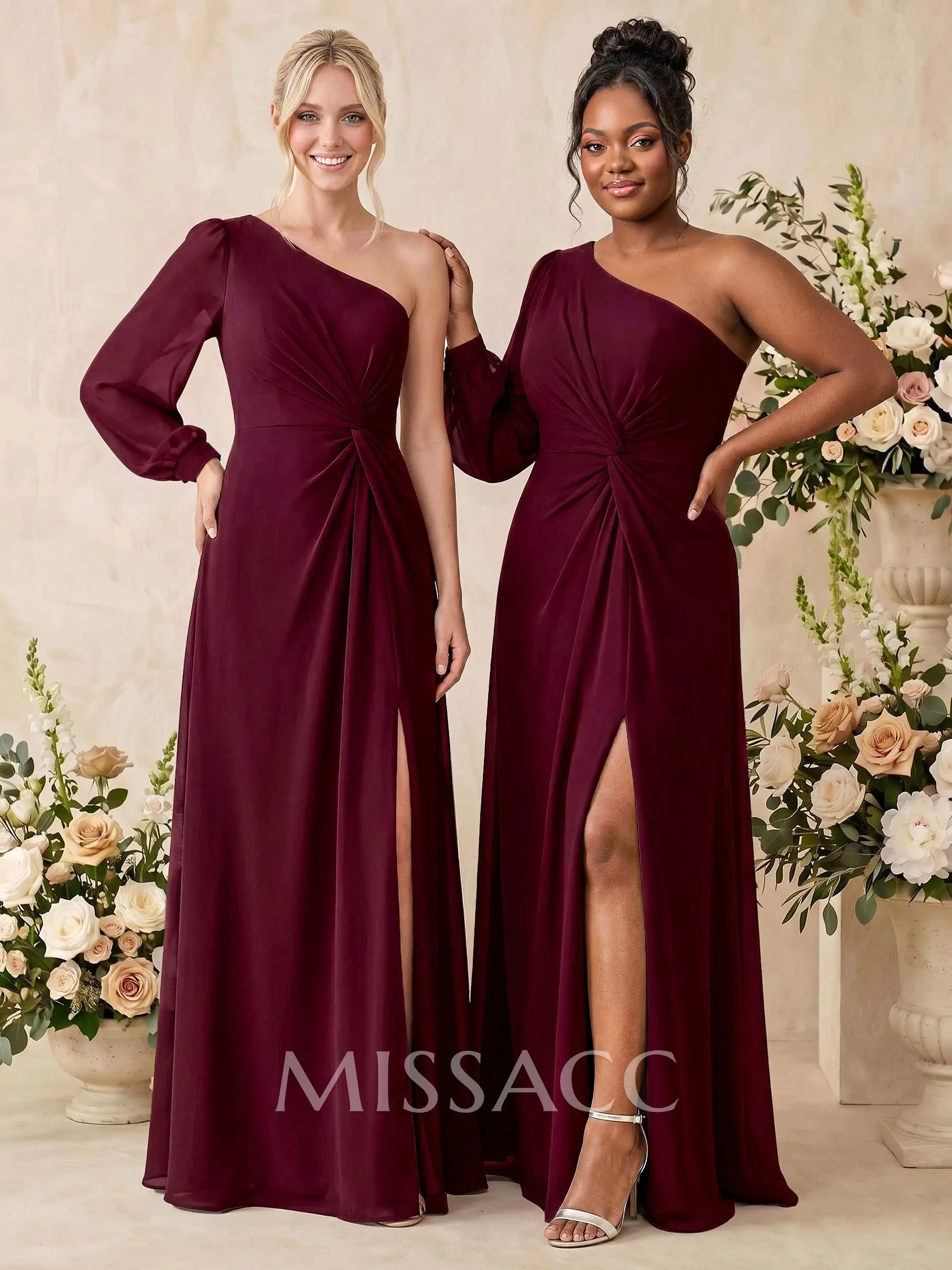 Sheath/Column One-Shoulder Long Sleeves Floor-Length Chiffon Bridesmaid Dresses With Split Front
