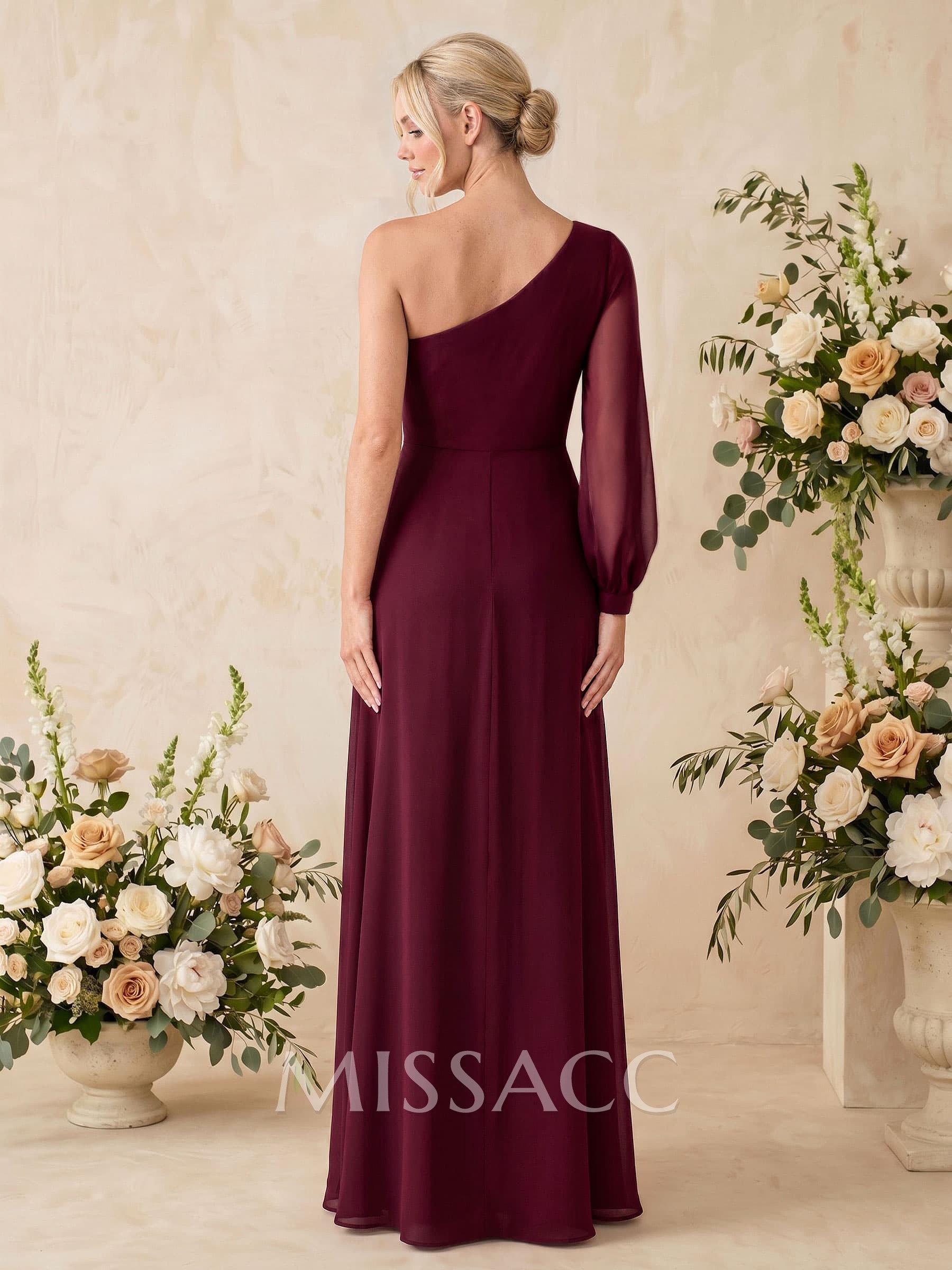 Sheath/Column One-Shoulder Long Sleeves Floor-Length Chiffon Bridesmaid Dresses With Split Front