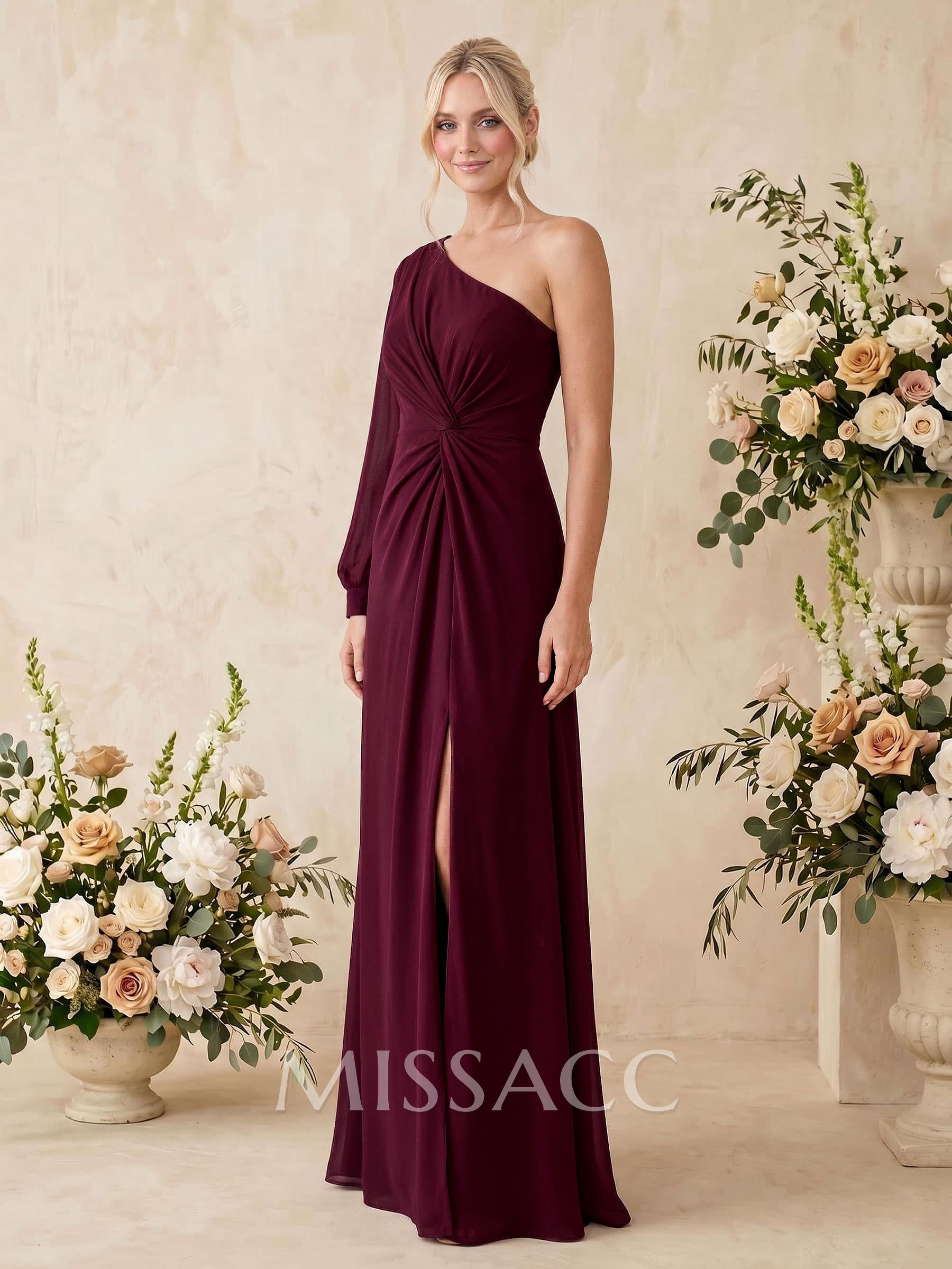 Sheath/Column One-Shoulder Long Sleeves Floor-Length Chiffon Bridesmaid Dresses With Split Front
