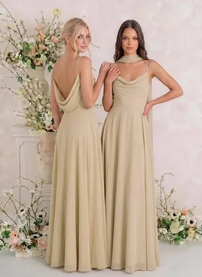 Elegant A-Line Cowl Neck Sleeveless Floor-Length Chiffon Bridesmaid Dresses With Split