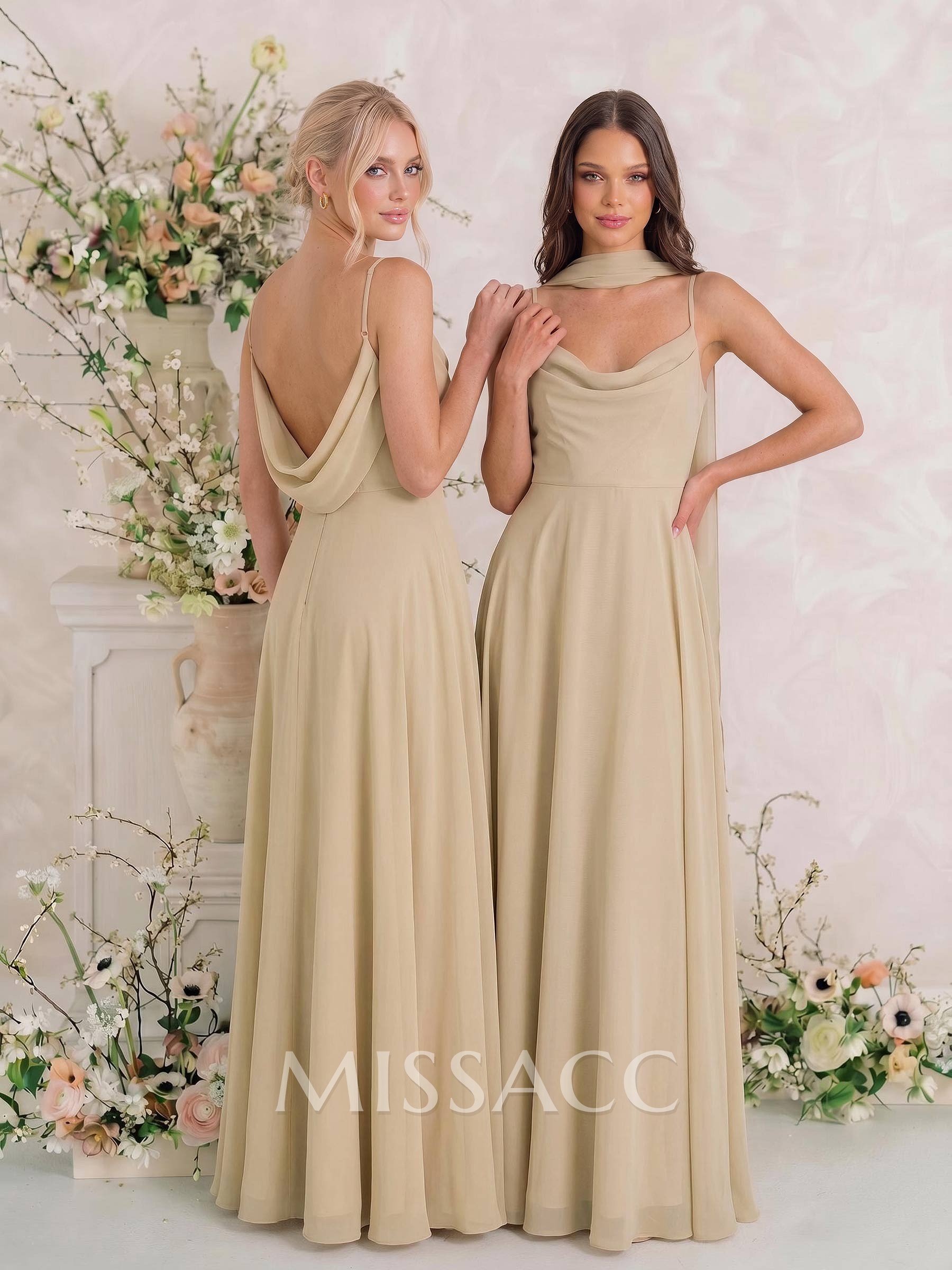 Elegant A-Line Cowl Neck Sleeveless Floor-Length Chiffon Bridesmaid Dresses With Split