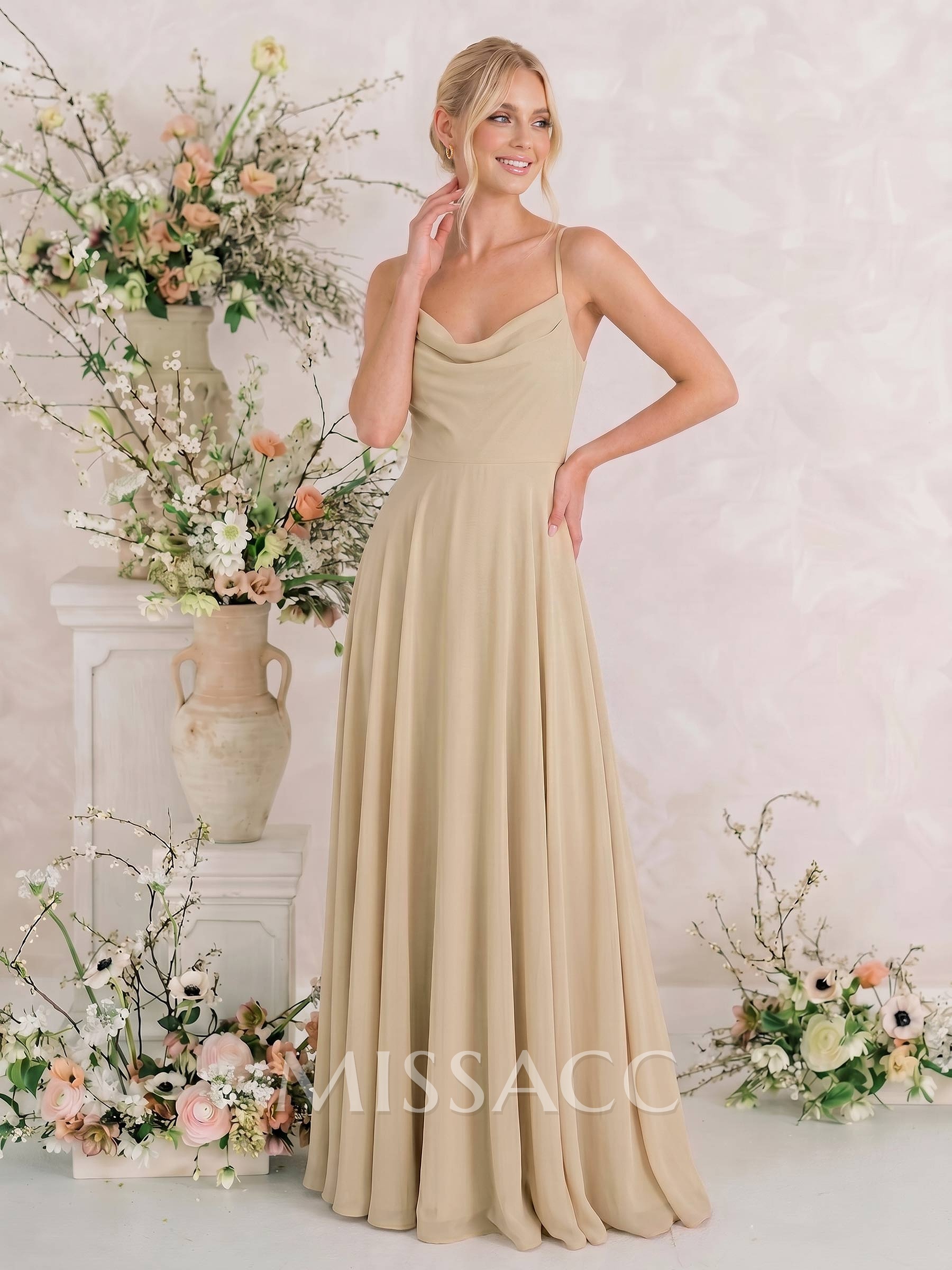 Elegant A-Line Cowl Neck Sleeveless Floor-Length Chiffon Bridesmaid Dresses With Split