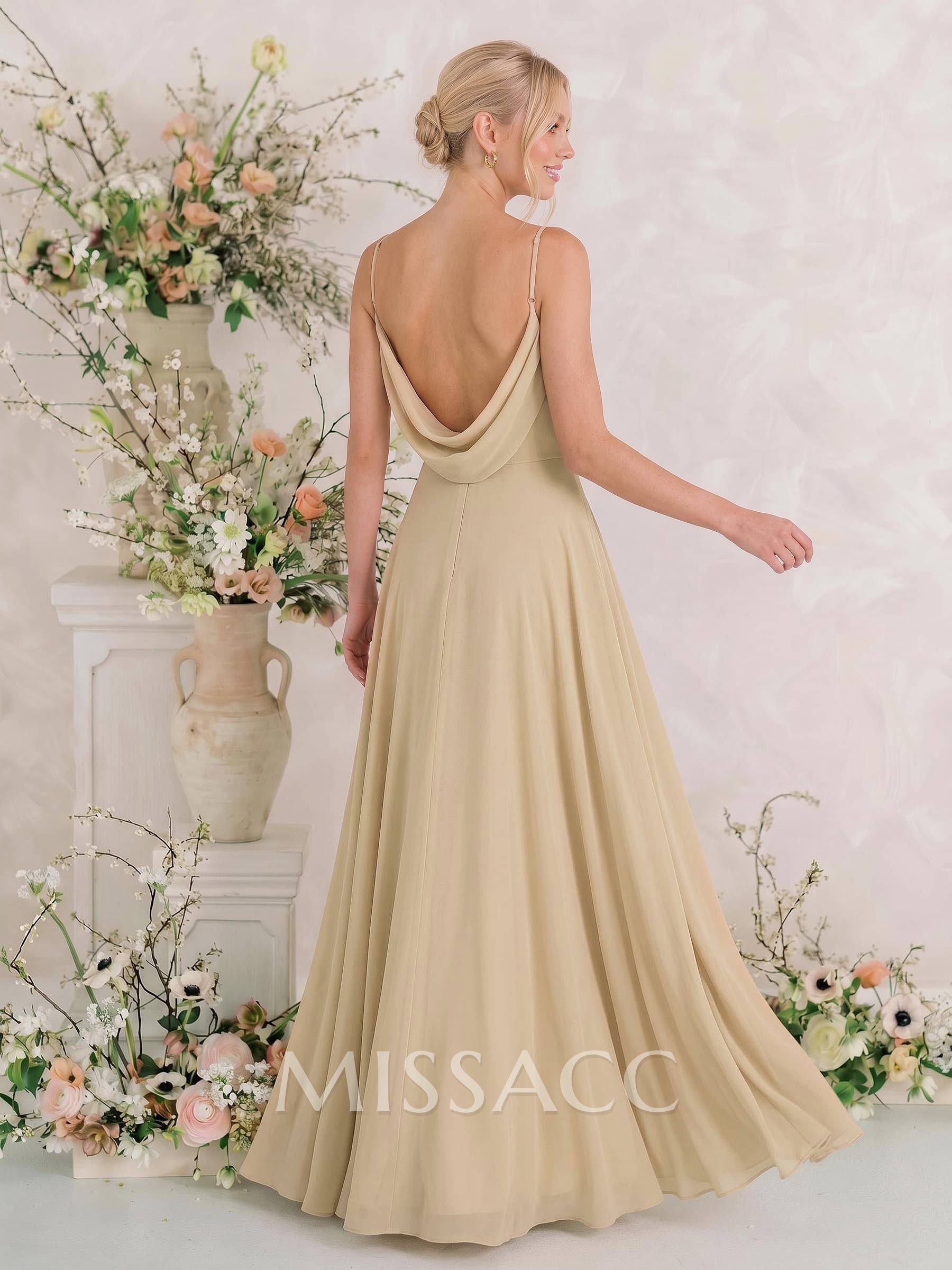 Elegant A-Line Cowl Neck Sleeveless Floor-Length Chiffon Bridesmaid Dresses With Split