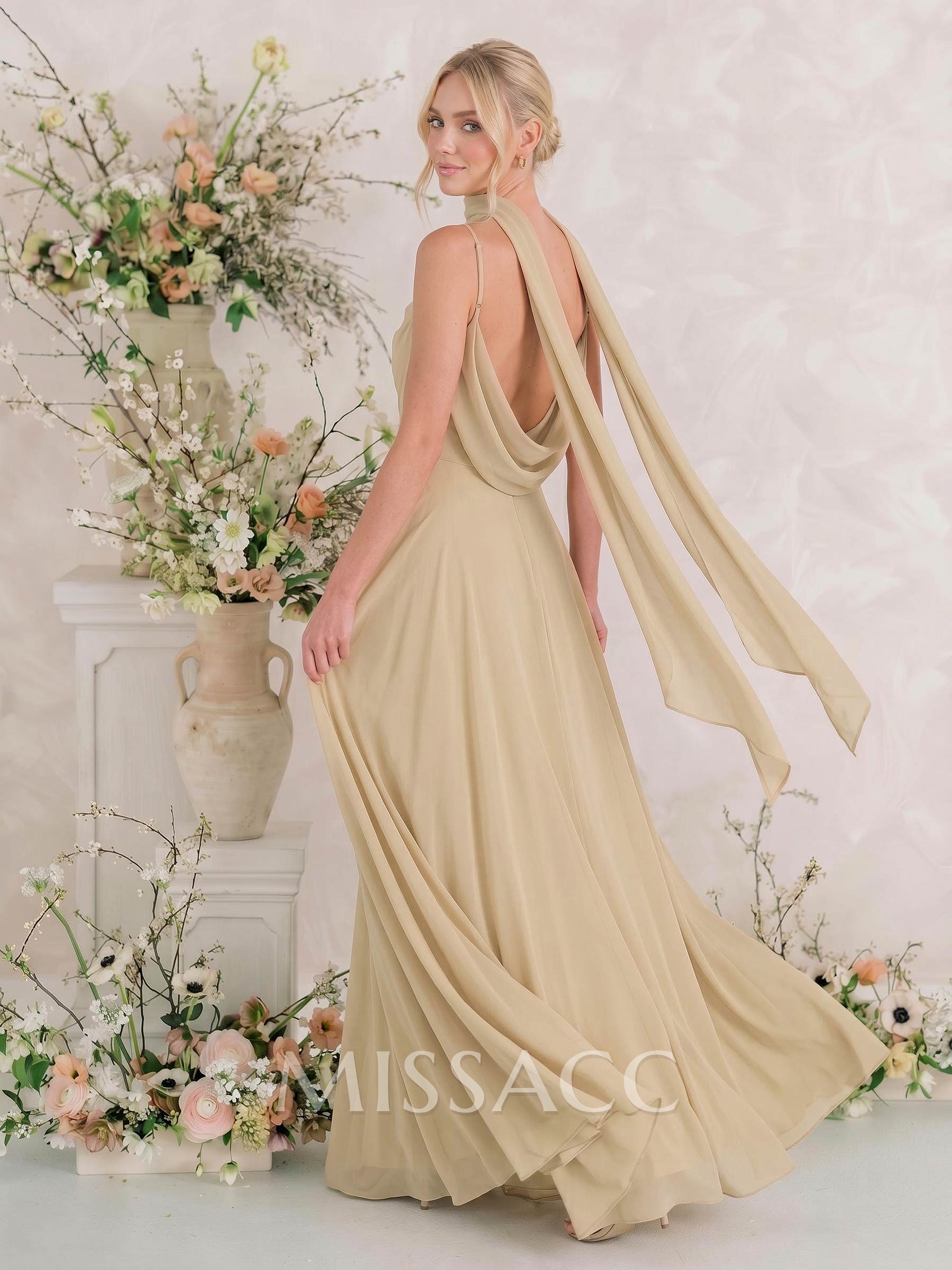 Elegant A-Line Cowl Neck Sleeveless Floor-Length Chiffon Bridesmaid Dresses With Split