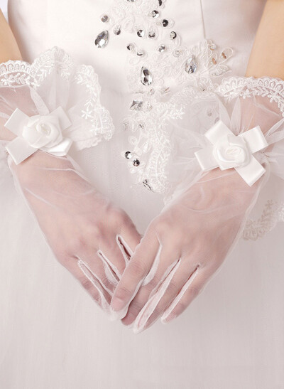 Fingertips Shortie Length Tulle Bridal Gloves With Floral