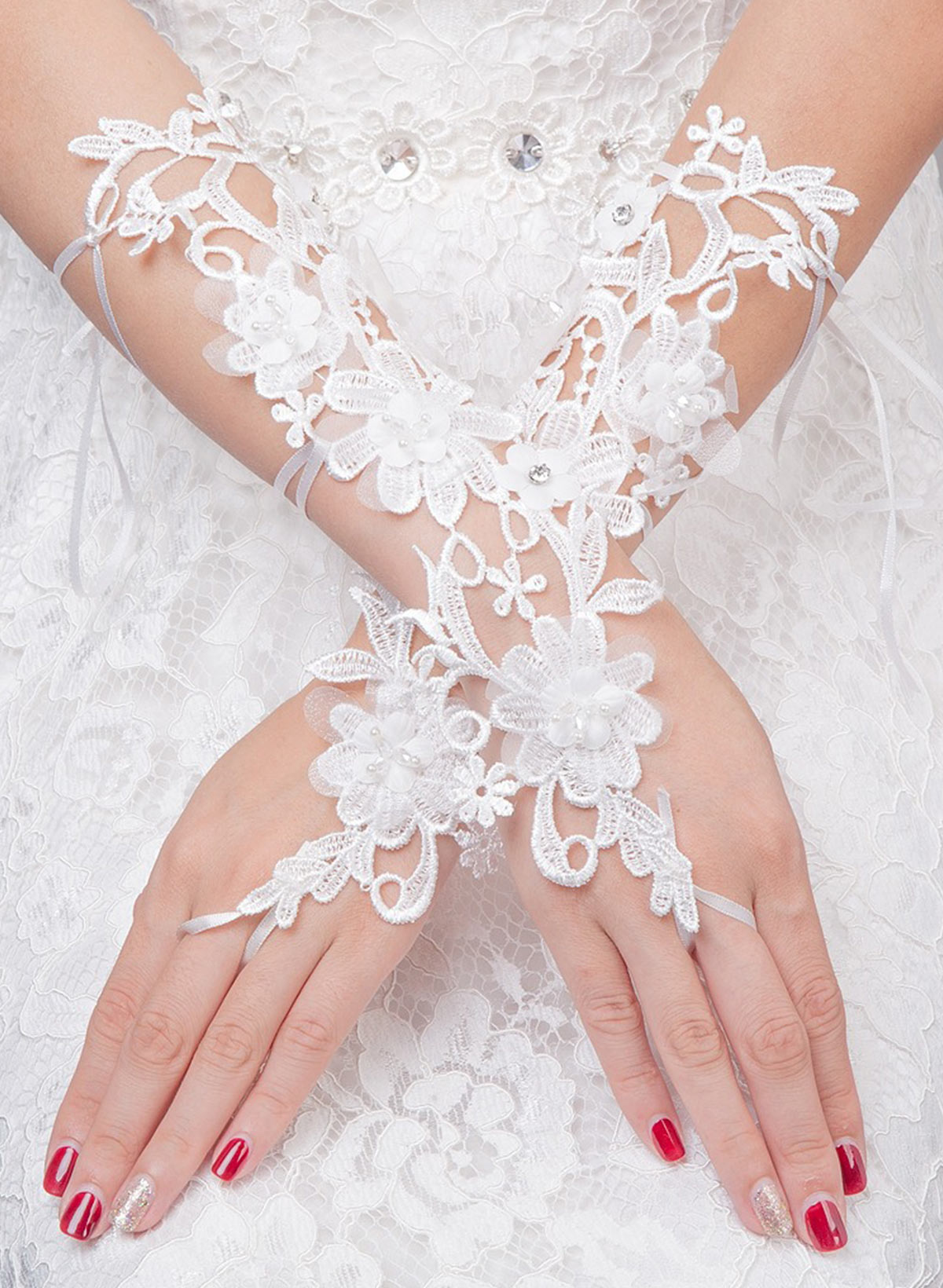 Fingerless Classic Length Bridal Gloves With Floral