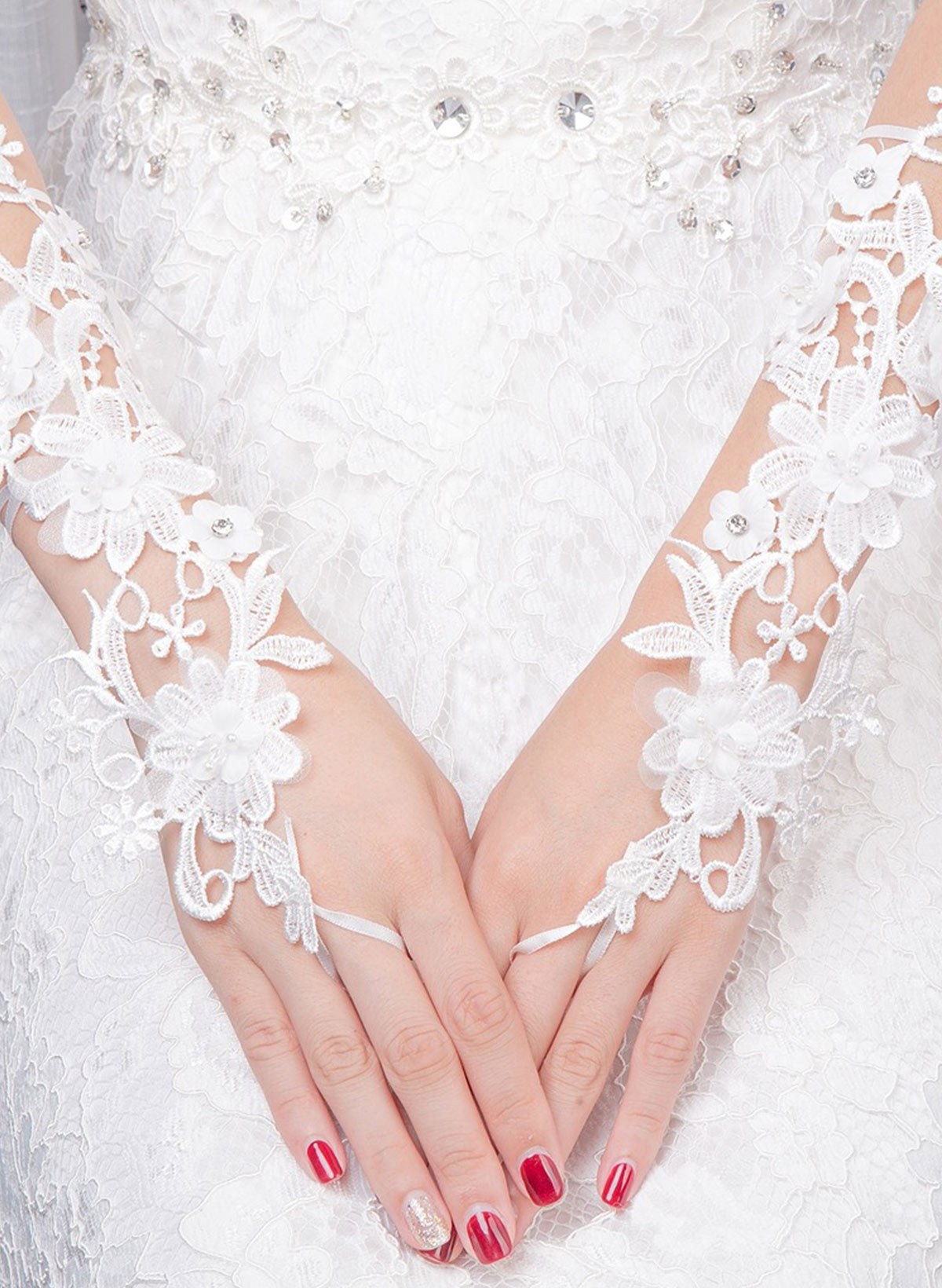Fingerless Classic Length Bridal Gloves With Floral