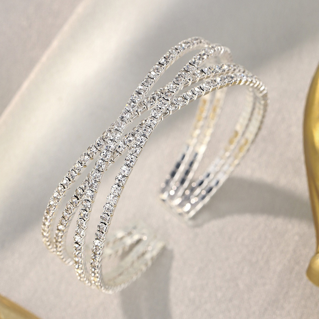 Rhinestone Cuff Bracelet With Double Layer Crossin