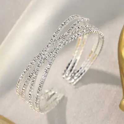 Rhinestone Cuff Bracelet With Double Layer Crossin