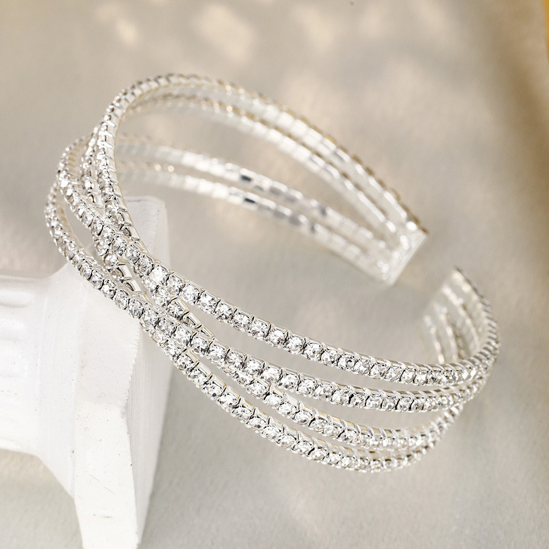 Rhinestone Cuff Bracelet With Double Layer Crossin